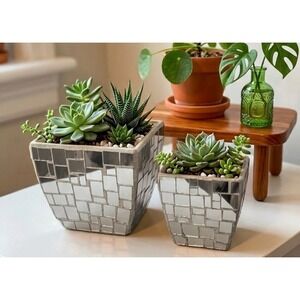 Mirrored Mosaic Candle‎ Holders Vase Planter Set Silver Glam Chic Decor Vintage